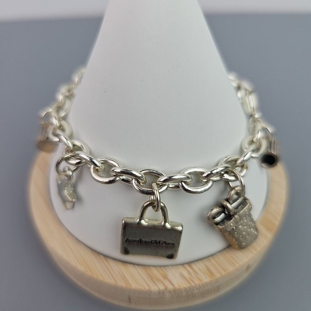 American Girl Charm Bracelet Silver Tone Movie Theater Chain Link 8 Charms 6.5in